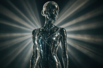 Glass ballerina statue illuminated by volumetric light beams