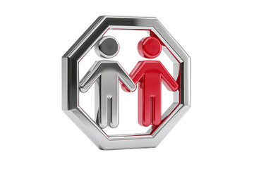 A set of modern 3D chrome stop signs with intertwined male and female symbols on opposite sides illustrating relationships isolated on a transparent background