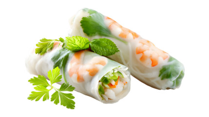 Two rolls of food with shrimp and green herbs
