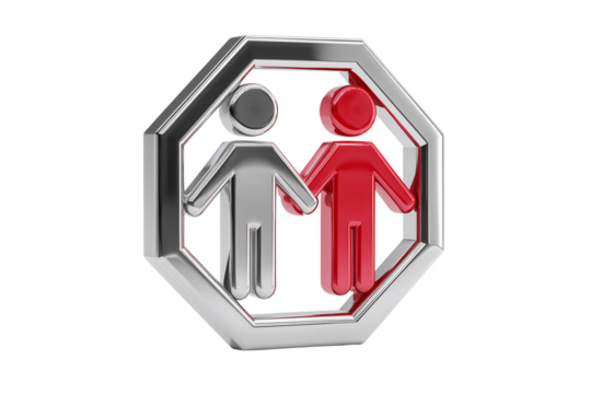 A set of modern 3D chrome stop signs with intertwined male and female symbols on opposite sides illustrating relationships isolated on a transparent background