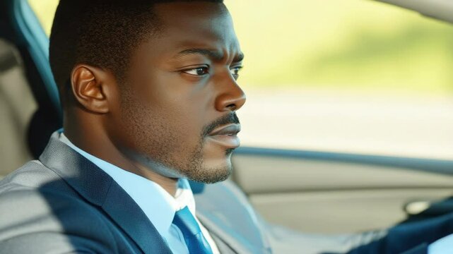 Young man confidently driving, wearing suit and tie, intense expression and smirk on face.