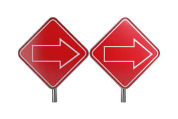 A set of opposite red road signs featuring arrows pointing away, sleek 3D render with smooth shadows, stock photo quality, isolated on a transparent background