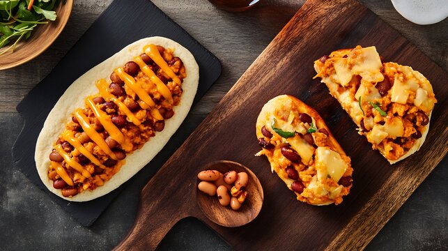 Molletes Central Mexico bolillo bread with beans and cheese high in protein and carbs a classic breakfast dish shown in casual setting