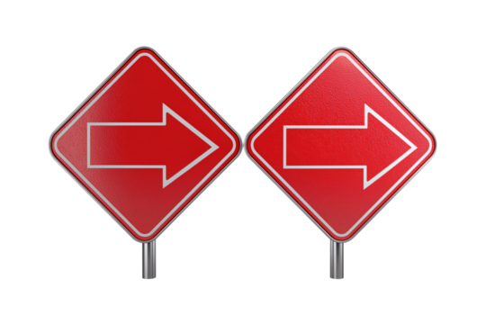 A set of opposite red road signs featuring arrows pointing away, sleek 3D render with smooth shadows, stock photo quality, isolated on a transparent background