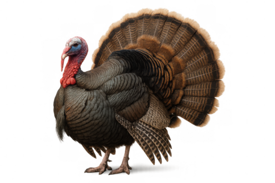 Wild turkey spreading vibrant feathers, isolated against transparent backdrop, highlighting seasonal wildlife beauty
