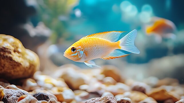 Captivating golden mbuna swimming gracefully in its habitat, a serene aquatic scenery