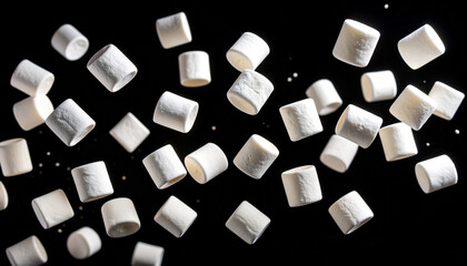 fliegende Marshmallows auf schwarzem Hintergrund