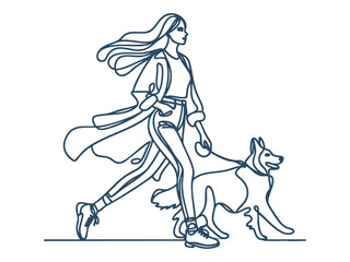 Fototapeta premium Women Walking and Playing with Pet Dogs, Minimalist Continuous Line Art.