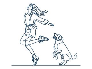 Fototapeta premium Women Walking and Playing with Pet Dogs, Minimalist Continuous Line Art.
