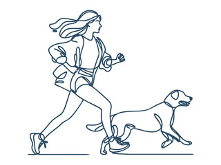 Fototapeta premium Women Walking and Playing with Pet Dogs, Minimalist Continuous Line Art.