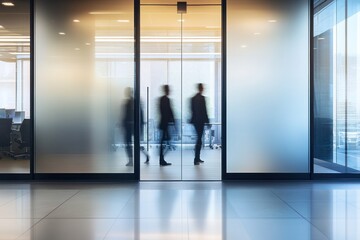 Businesspeople walking through modern office glass doors