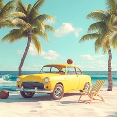 Obraz premium Yellow vintage car on a tropical beach.