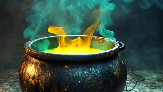 Enigmatic cauldron with bubbling brew and smoky aura, a mystical composition