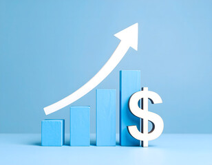 Minimalistic representation of positive economic development of the overall economy, a company, or an investment in the form of an upward-pointing bar chart (blue) and an upward-pointing arrow. Vers 3
