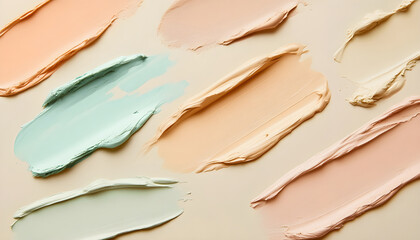Smears of various cosmetics on beige background, top view