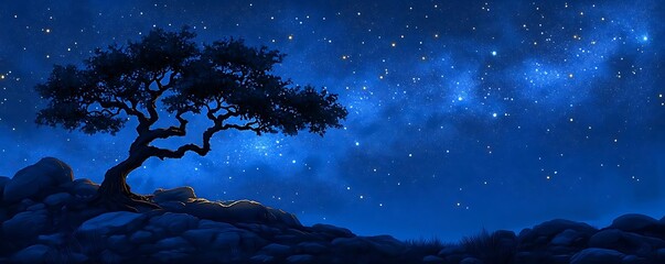 Night sky, lone tree, rocks, serenity