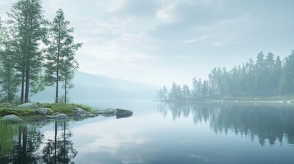 Obraz premium Serene morning mist envelops a tranquil lake surrounded by lush trees and mountains