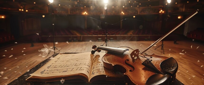 Silent concert hall, broken violin on sheet music, spotlight dust, modern ghostlike objects.