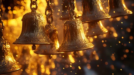 Ornate golden bells hanging in a cluster.