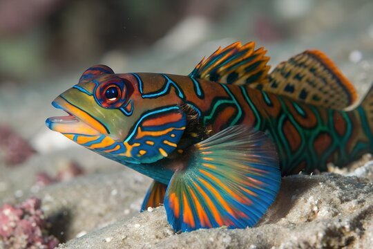 Vibrant mandarin fish underwater coral reef scene