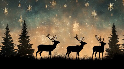 Silhouettes of deer in a wintry landscape.