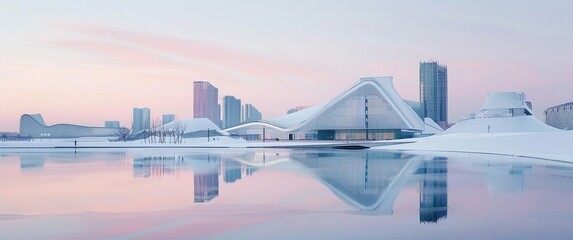 Dawn cityscape clean white buildings mirroring pink sky, nature & tech blending, hints of subtle clutter reflect in water.