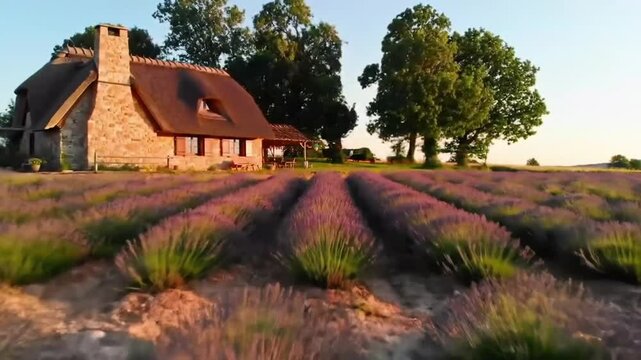 Charming Cottage Nestled Amongst Rows Of Vibrant Lavender Field