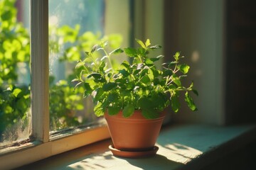 Fresh herbs in a terracotta pot on a windowsill
