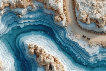 Fototapeta premium Aerial View of a Stunning Natural Rock Formation with Layered Colors and Vehicles on a Sandy Pa