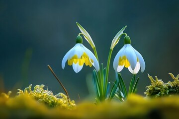 Two delicate snowdrops in springtime, vibrant colors against a backdrop of moss