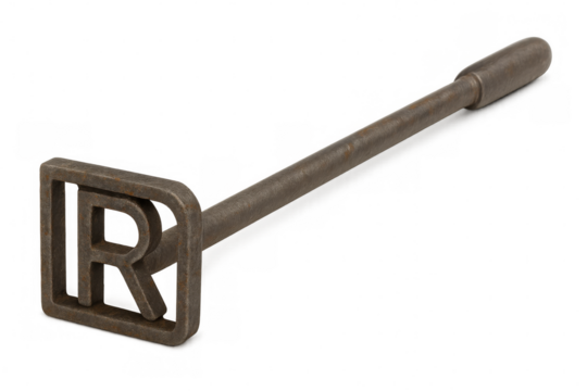 Rusty branding iron with letter r laying on transparent background, showing concept of livestock marking