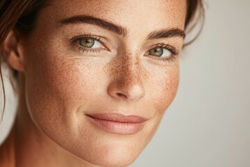 Obraz premium Woman with a natural, gentle expression. Her skin is clear, showcasing a multitude of freckles, especially across her cheeks, nose, and forehead