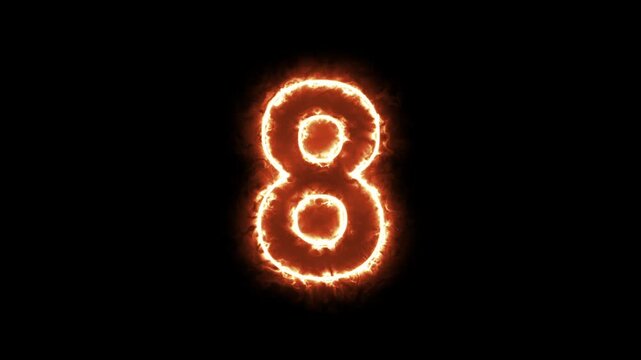 Design number 8 surrounded by fire. Concept: Numbers, fire, orange.