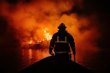 Firefighter at night confronting a blaze on the water