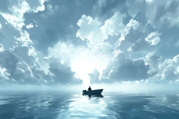 Solitary boat on tranquil sea, beneath a vast cloudy sky