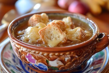 Creamy French onion soup with croutons and cheese