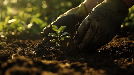 Planting a young seedling in fertile soil