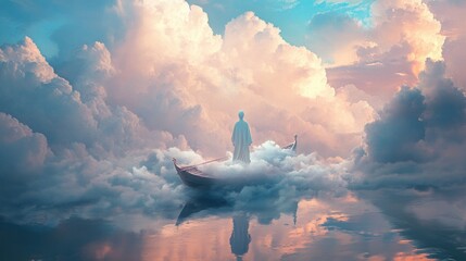 Floating figure on a cloud boat, surreal sky