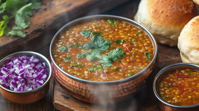 Misal pav spicy sprouted lentil curry with smoke around