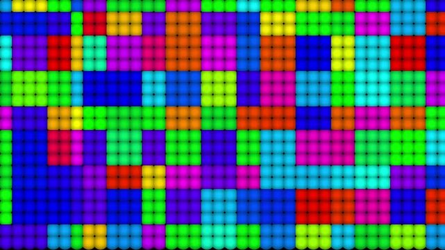 Pattern of rapidly changing colored squares with neon effect. Concept: Loop, vj, animation.