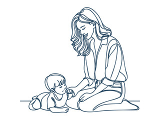 Naklejka premium Happy Mom and Child Line Art – Family Bonding, Parenthood and Childhood Moments Illustration