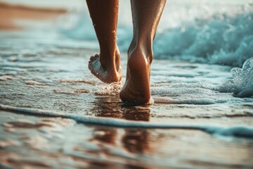 Barefoot walk on the wet beach