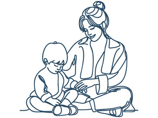 Happy Mom and Child Line Art &ndash; Family Bonding, Parenthood and Childhood Moments Illustration