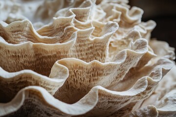 Detailed close-up of a textured, layered, light beige fungus