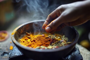 Hand adding spice to a steaming bowl of traditional herbs and spices