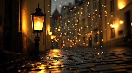 A glowing gas lamp illuminates a cobblestone street at twilight, with soft bokeh lights and falling particles in the background, creating a romantic, dreamy ambiance