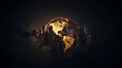 Globe Encapsulating Cityscape, Glowing Continents Amidst the Darkness