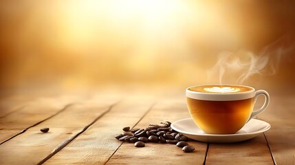 Latte art coffee, wooden table, cafe