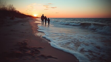 Family walks on beach at sunset. Silhouettes of a father, mother, and child