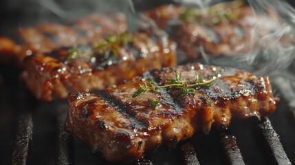 Grilled steaks sizzling on a barbecue grill with herbs creating a flavorful aroma in the summer evening